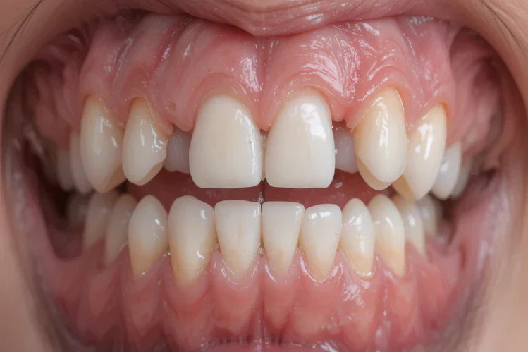 a close up image of misaligned teeth