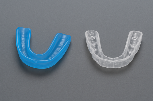 A blue mouth guard and a transparent night guard placed against a gray background