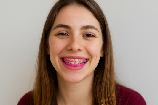 A girl wearing pink braces