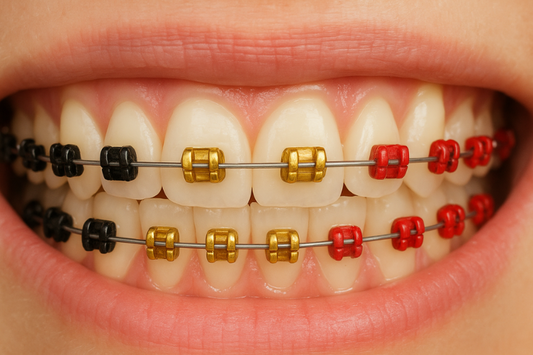 A close-up of red, black, and gold coloured braces