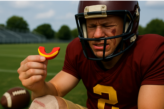 A guy holding a sports mouthguard and an injury on his face