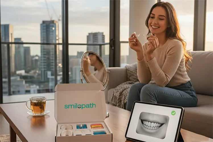  A woman with the Smilepath aligner kit