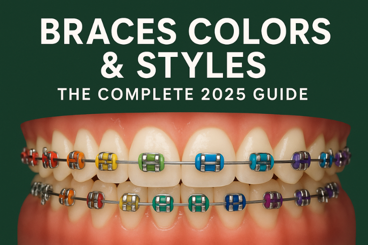 A dental model with colorful braces with the text “Braces Colors & Styles: The Complete 2025 Guide”