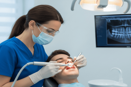 A dentist performing tooth reshaping