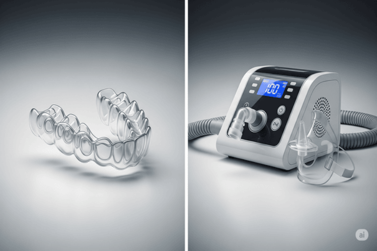 A side-by-side image of a mouth guard and a CPAP machine