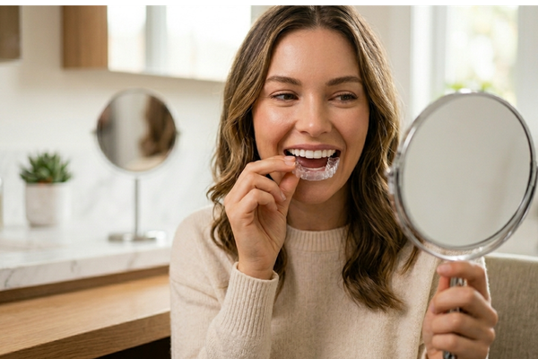 A woman smiling into a handheld mirror as she prepares to place a clear aligner over her teeth.