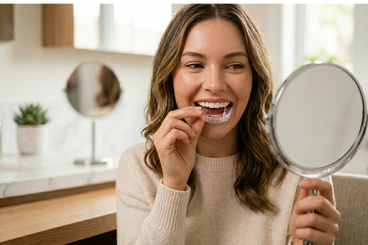 A woman smiling into a handheld mirror as she prepares to place a clear aligner over her teeth.