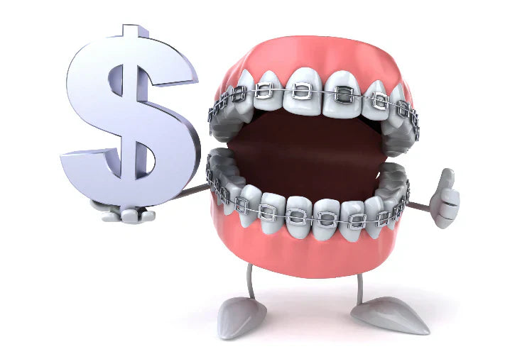 An animated jaw with braces, holding a dollar sign