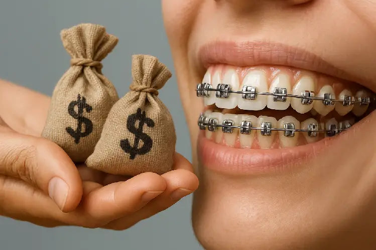 An image of a girl smiling with braces and money bags on the other side