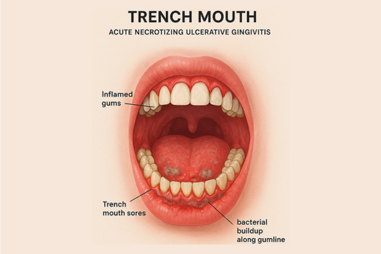 An image showing ulcerated gums and sores caused by trench mouth.