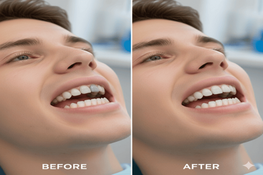 An image shows teeth bonding results for discolored teeth.