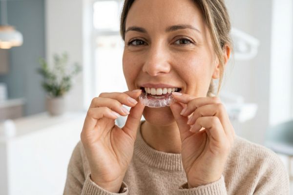 A smiling person with a bright, confident expression, holding an invisible aligner.