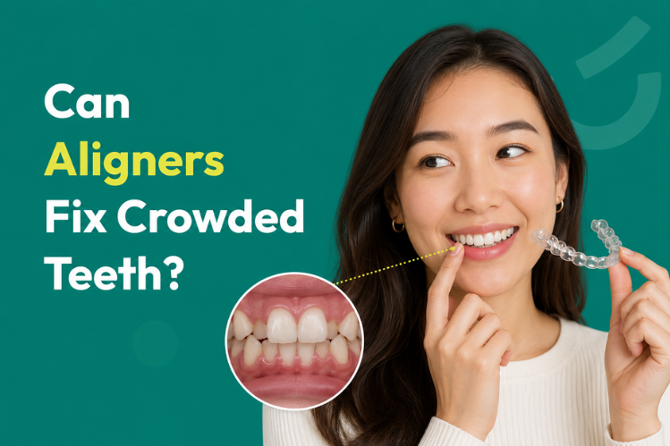 A woman holding a clear aligner beside her smile with a close-up of her teeth.