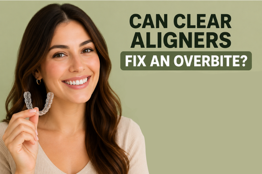 A smiling girl holding clear aligners with the blog title written on the side.