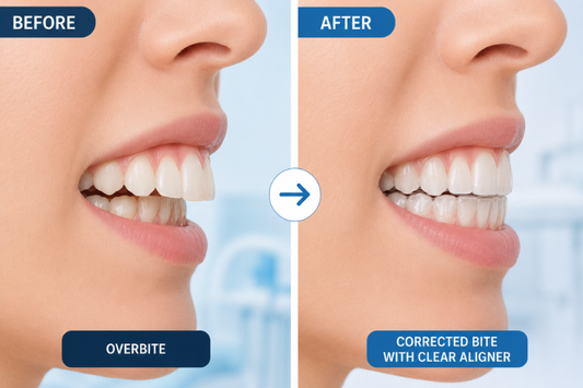 Before and after illustration of an overbite corrected with clear aligners. 