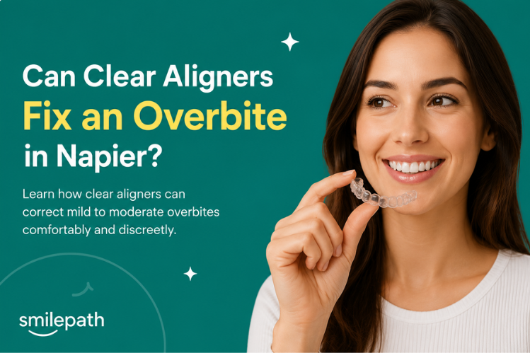 A girl smiling while holding aligners