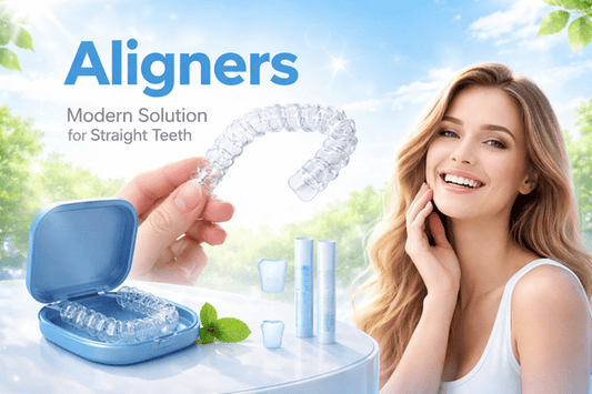 Girl posing confidently with a clear aligner in the background