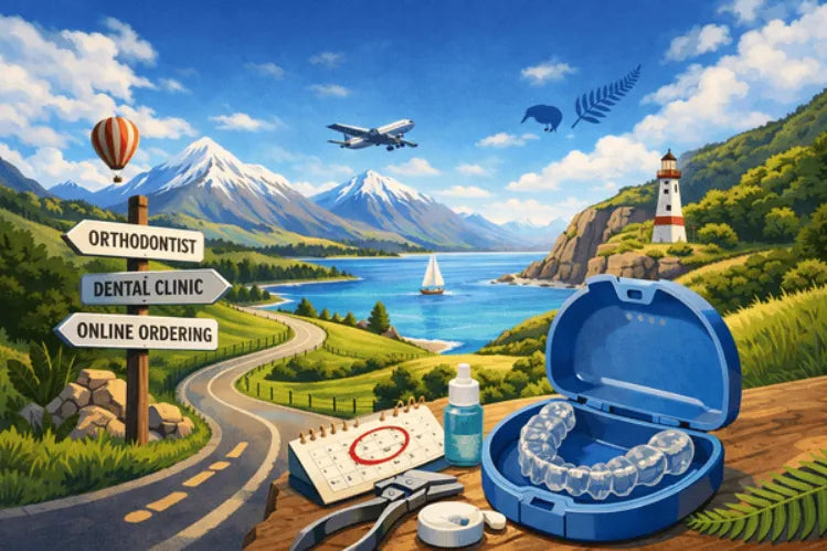 New Zealand landscape with retainer and dental tools