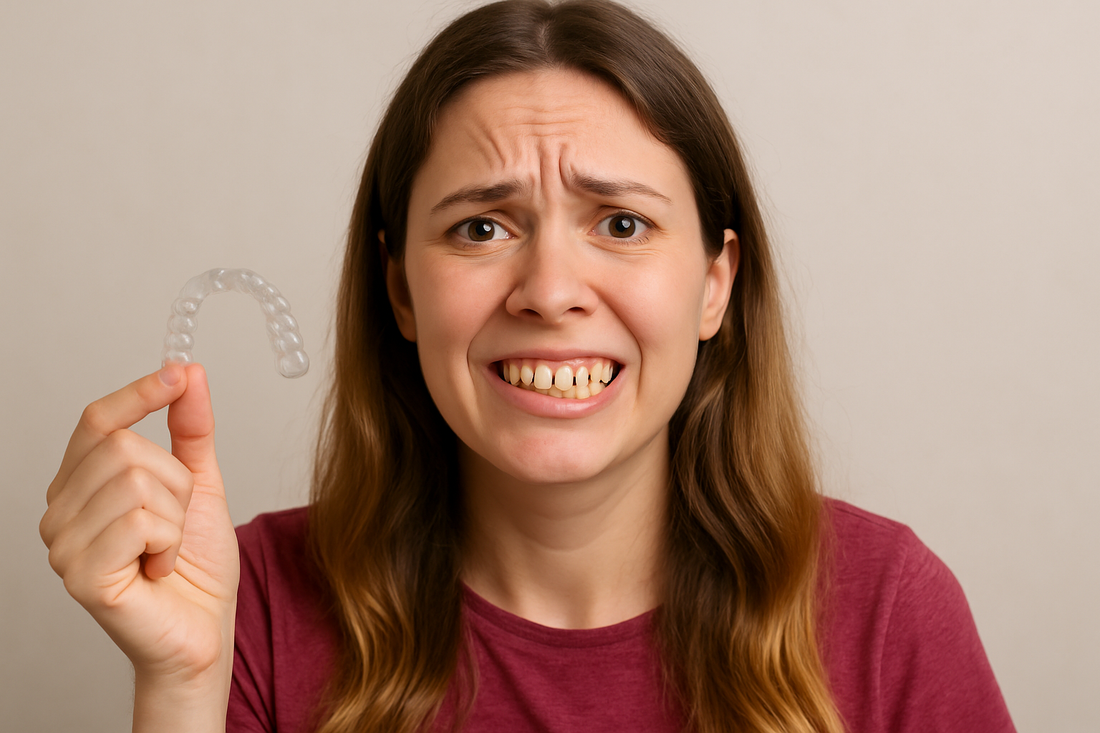A woman holding clear aligners, wondering why her teeth feel loose during aligner treatment 