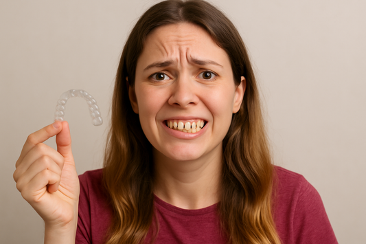 A woman holding clear aligners, wondering why her teeth feel loose during aligner treatment 