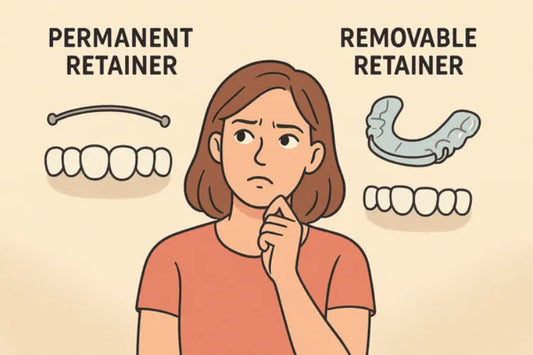 A woman choosing between permanent and removable retainers side by side.