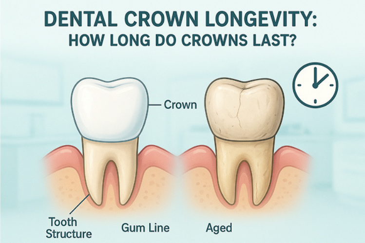 Dental crown aging comparison image.