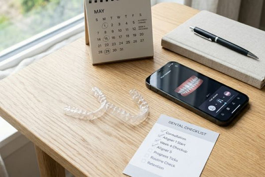 A desk setup showing invisible aligners, a teeth simulation on a phone, and a checklist.