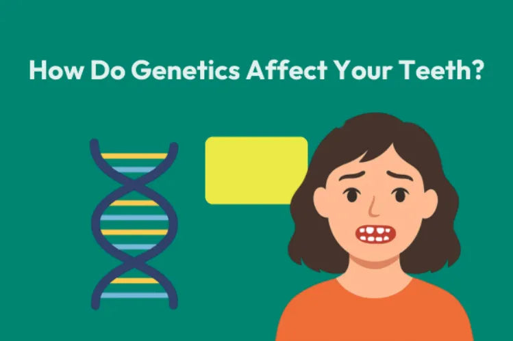 Illustration of a girl with misaligned teeth beside DNA elements on a green background.