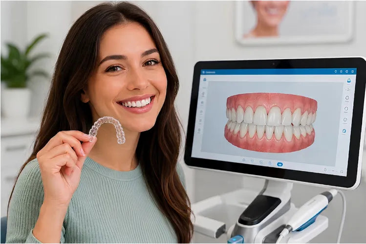 Smiling woman holding clear aligners with a digital smile treatment plan on a screen.