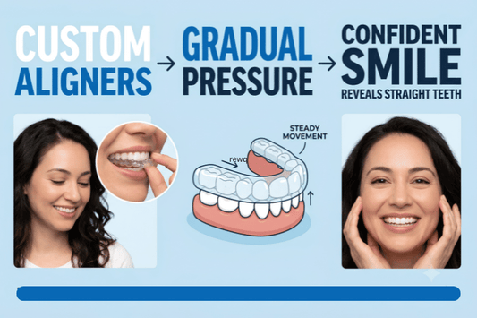 A girl wearing clear aligners with the alignment process steps visualized.