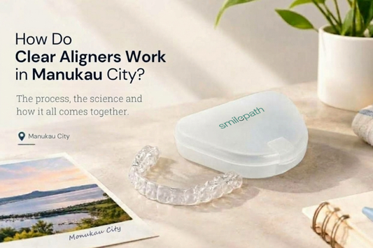 A white Smilepath clear aligner case and transparent aligner tray on a desk.
