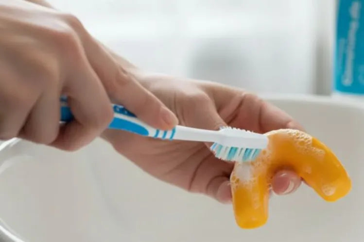 A person washing a sports mouthguard with a toothbrush and soap
