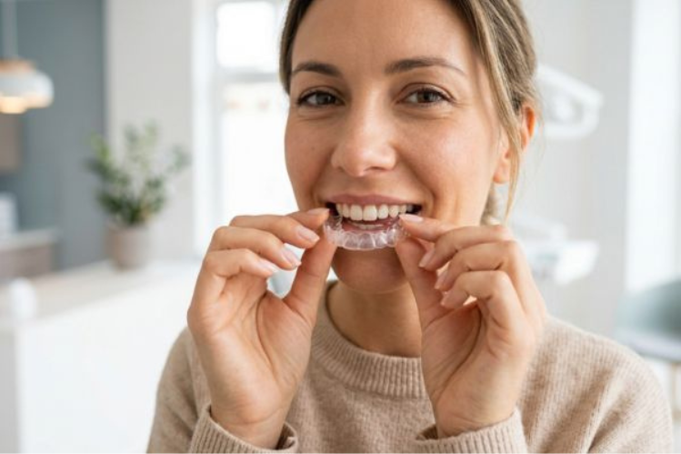 A smiling woman inserting clear Smilepath teeth aligners.