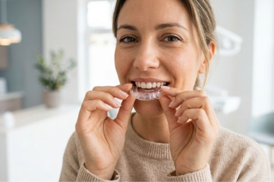 A smiling woman inserting clear Smilepath teeth aligners.