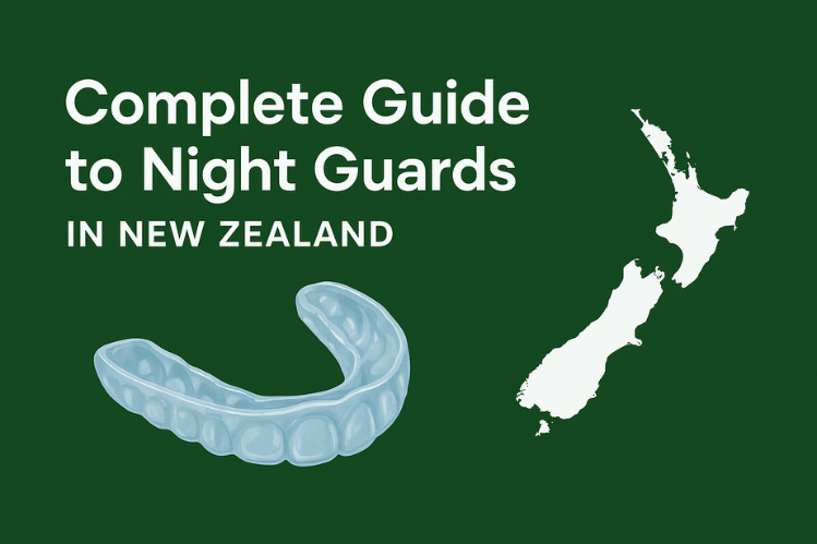 Illustration of a clear night guard and a white map of New Zealand on a dark green background 