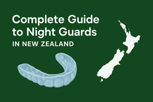 Illustration of a clear night guard and a white map of New Zealand on a dark green background 