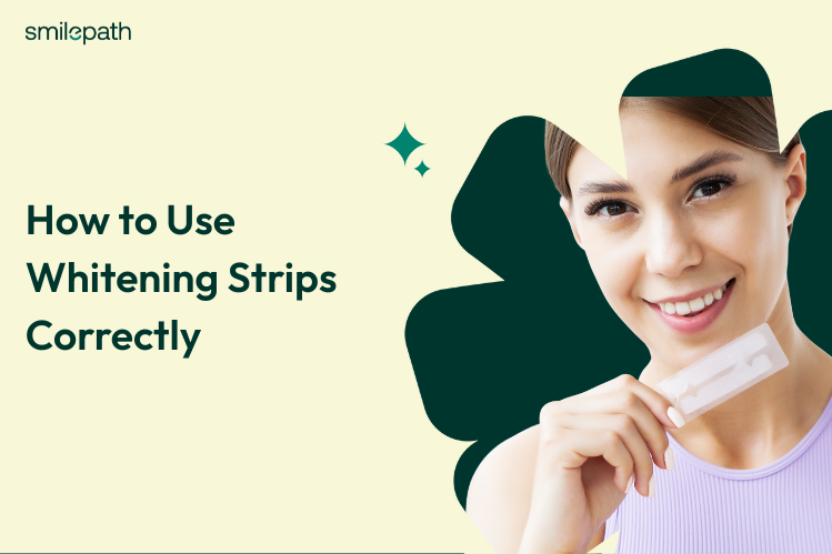 A woman smiling while holding a teeth whitening strip