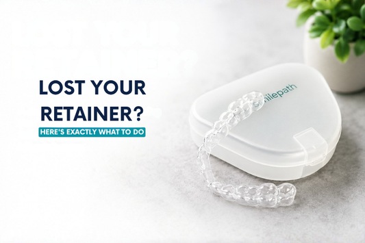 Clear dental retainer and Smilepath retainer case with guide for replacing a lost retainer.