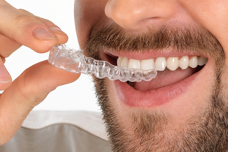 Person holding a clear retainer before wearing it.