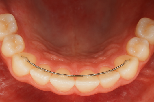 Close-up of permanent retainer on teeth