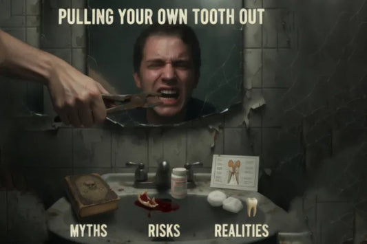 A person trying to pull out their own tooth
