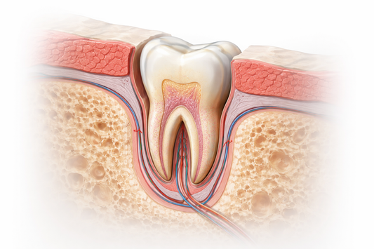 Medical illustration showing an early-stage tooth developing inside the jawbone