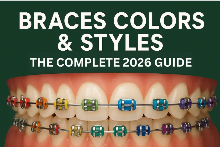 A dental model with colorful braces with the text “Braces Colors & Styles: The Complete 2026 Guide”. 