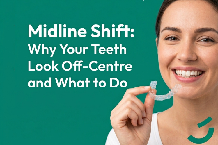 A smiling woman with midline shift holding a clear aligner.
