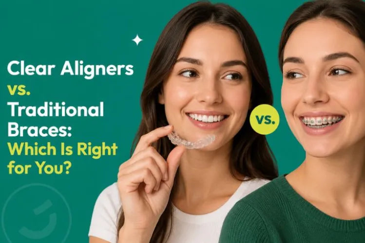 Two smiling women showing clear aligners and metal braces side-by-side.