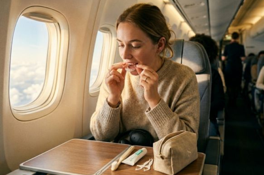 A woman in an airplane window seat inserts a clear aligner while sitting at a tray table with her travel dental kit.
