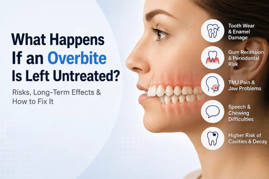  Side profile showing overbite with key risks of untreated bite issues like jaw pain, tooth wear, and gum damage.