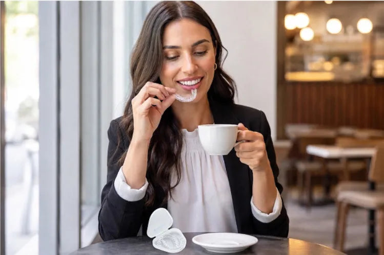 Young professional girl removed clear aligners before drinking coffee in a bright, modern cafe.