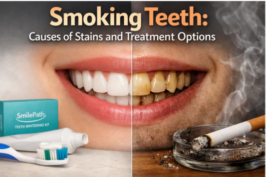 An image shows teeth stained by smoking vs. brightened teeth using the Smilepath whitening kit