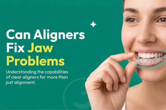 Woman wearing a clear dental aligner while smiling.